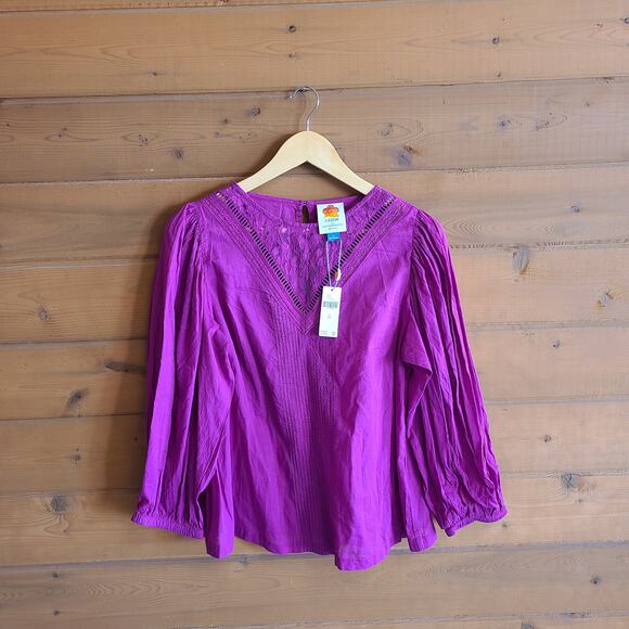 Anthropologie Farm Rio Kelsie Peasant Blouse NWT XS Puff Sleeve Lace Bib Boho - Picture 2 of 5